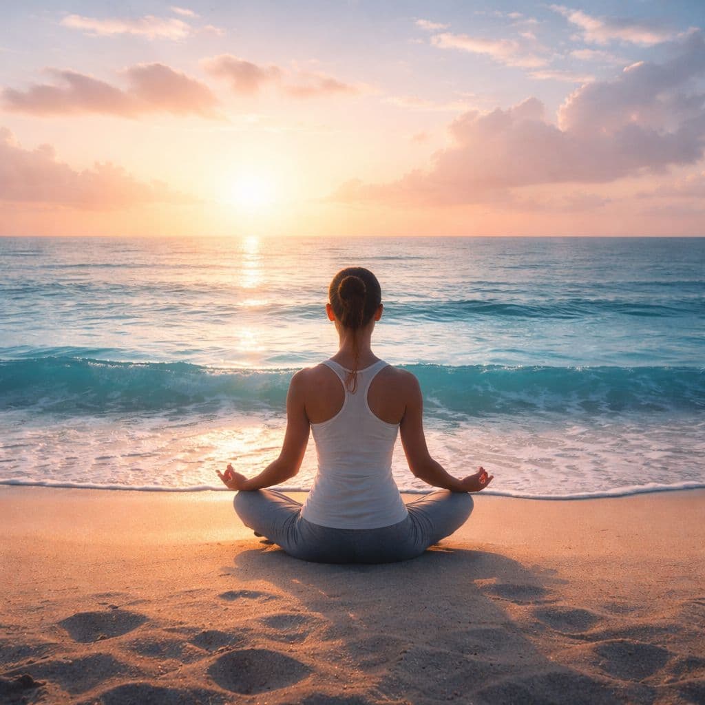 Persona practicando mindfulness frente al mar durante el atardecer.
